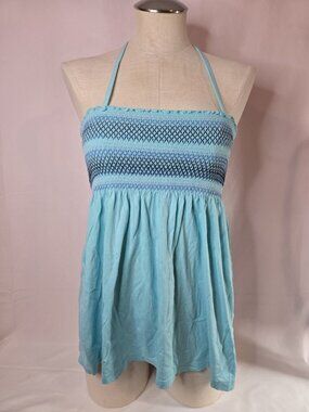 Old Navy Y2K Smocked Strapless Halter Top Womens XS Teal Babydoll Tank 2010s